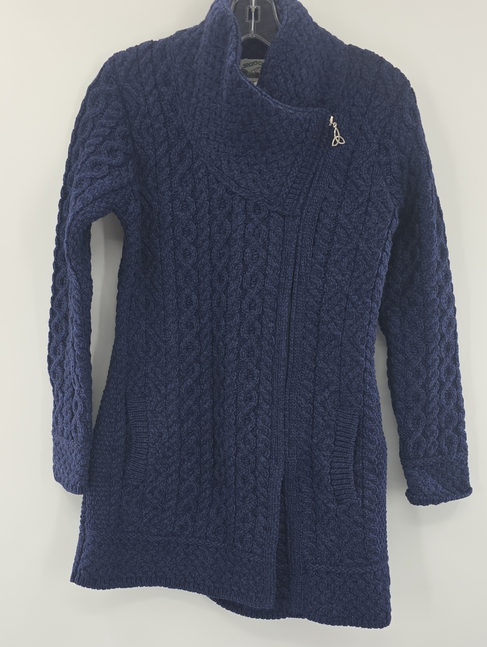 Aran Crafts Navy Cable-Knit Asymmetrical Zip Cardigan